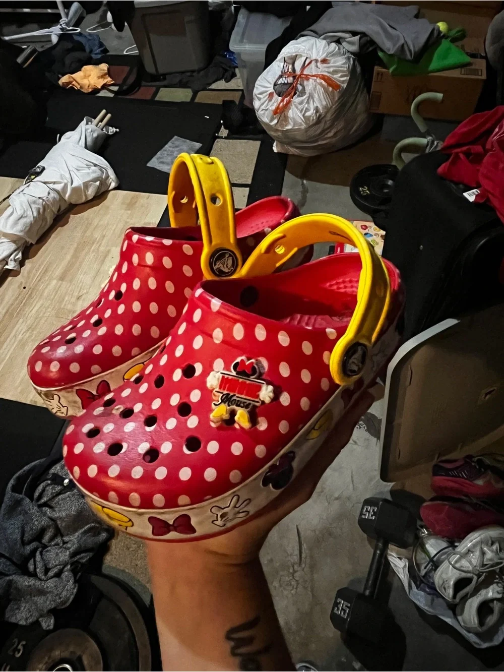 Kids Red Minnie Mouse Crocs with Yellow Strap
